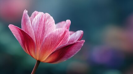 Fototapeta premium Pink Tulip's Gentle Embrace: A captivating close-up of a vibrant pink tulip in full bloom, set against a soft, blurred backdrop, highlighting its delicate petals.