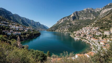 A reservoir surrounded by white villages and rugged hills.