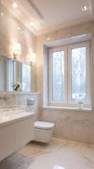 Bright, marble bathroom with a window and white fixtures