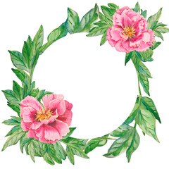 Pink flower. Peony flower with leaves watercolor round frame. Hand painted pink wreath with copy space perfect for wedding invitations, branding, packaging, fabric design, stationary and cards.