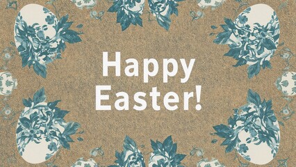 Festive Easter illustration showcasing blue and white eggs decorated with classic rustic flowers. Perfect layout for menus, flyers, banners, posters, and vouchers. Chic and graceful design.