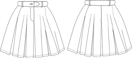 Pleated skirt CAD drawing, flat vector fashion illustration, front and back views, skirt sewing pattern, apparel technical sketch, clothing design template