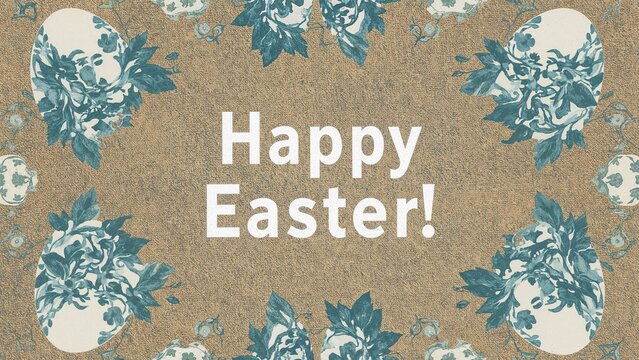 Festive Easter illustration showcasing blue and white eggs decorated with classic rustic flowers. Perfect layout for menus, flyers, banners, posters, and vouchers. Chic and graceful design.