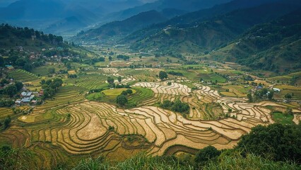 Fototapeta premium Water-filled and plowed rice paddies ready for planting season in a scenic valley