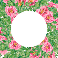 Pink flower. Peony flower with leaves watercolor round frame. Hand painted pink wreath with copy space perfect for wedding invitations, branding, packaging, fabric design, stationary and cards.