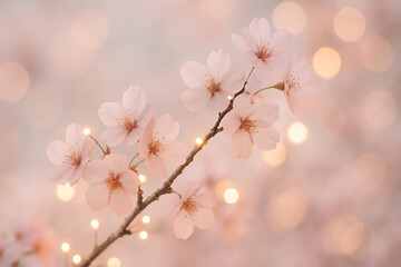 Naklejka premium Soft Pink Cherry Blossom Flowers with Warm Golden Bokeh Lights