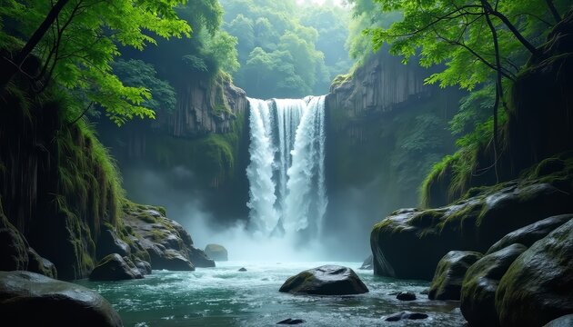 Waterfall in Green Forest Landscape