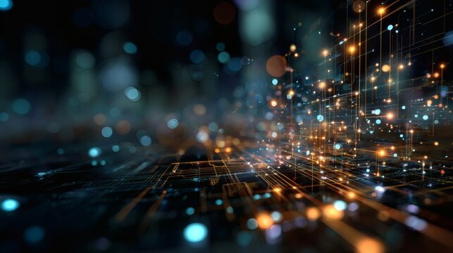 abstract technology background, glowing circuit lines, binary code data stream, futuristic digital pattern, high-tech computer interface, sci-fi network design, cyber data visualization, digital 