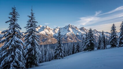 Winter Scene with Frosted Trees and a Golden Sunset