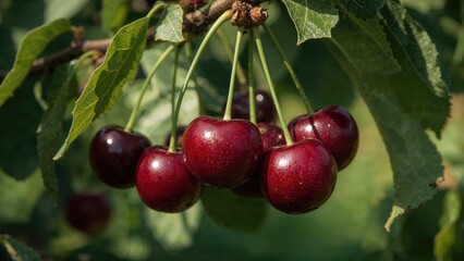Obraz premium Bountiful yield of ripe dark cherries in the orchard