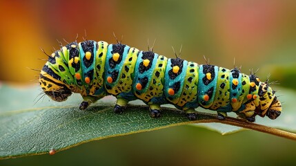 Colorful Caterpillar: An eye-catching, vividly colored caterpillar rests on a verdant leaf, showcasing nature's intricate beauty.