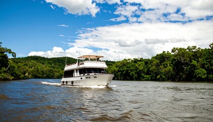 White motor yacht moving through a river surrounded by lush green forest.