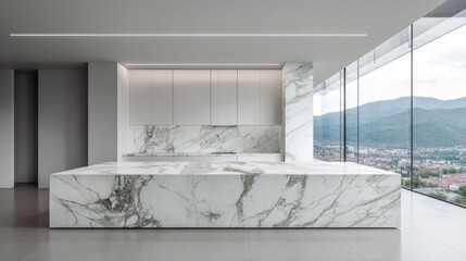 Bright, modern kitchen featuring a marble island and a panoramic cityscape view