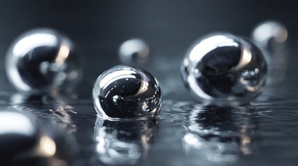 Liquid Silver Spheres: Reflective metallic spheres with a fluid surface, resting on a dark, glossy surface, hinting at the mysteries of science and the marvels of material composition. 