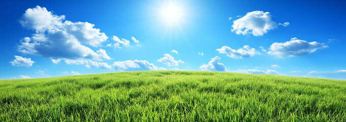 Vibrant spring landscape features lush green grassy field under bright blue sky with fluffy white clouds, evoking sense of tranquility and renewal