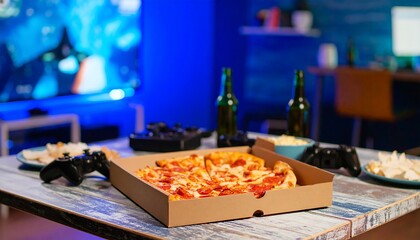 Pizza and Gaming Night: A Cozy Setup with Snacks and Drinks