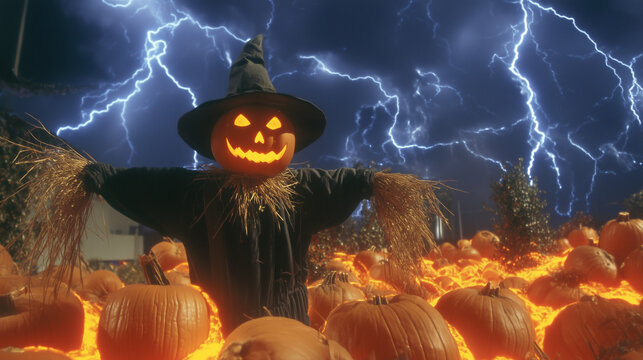 An eerie scarecrow with a carved pumpkin head celebrates a spooky halloween amidst a field of glowing gourds as a powerful electrical storm rages in the dark night sky.