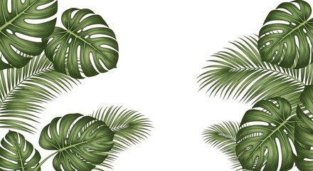Green Tropical Leaves Background with Monstera and Palm Fronds on White