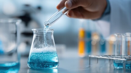 Scientist carefully pouring solution into beaker in a chemistry lab