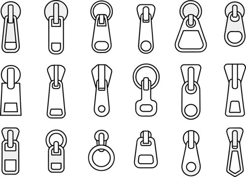 Zipper puller CAD drawing, flat vector illustration, zipper slider technical sketch, sewing hardware blueprint, garment accessory design, detailed fashion zipper parts