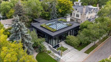 Modern Architectural Design of a House Surrounded by Lush Greenery and Landscaped Garden with Glass Roof and Contemporary Features