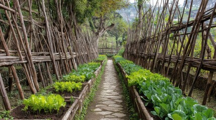 Obraz premium Lush Green Vegetable Garden Pathway Surrounded by Natural Wooden Structures and Vibrant Foliage