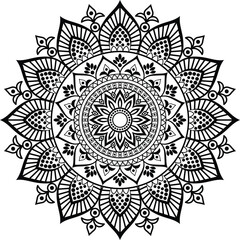 Black silhouette mandala vector with ornamental round lace pattern on white background, decorative floral circular design