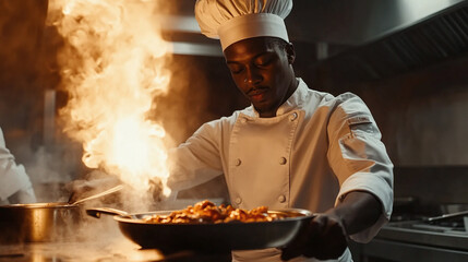African American Chef Crafting Culinary Delights in Professional Kitchen Celebrating Rich Cultural Heritage and Diverse Cuisine