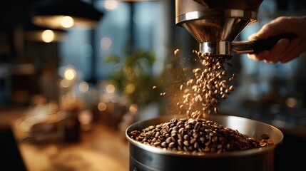fresh coffee beans pouring into grinder, barista preparation process, specialty coffee culture, caffeine lifestyle 