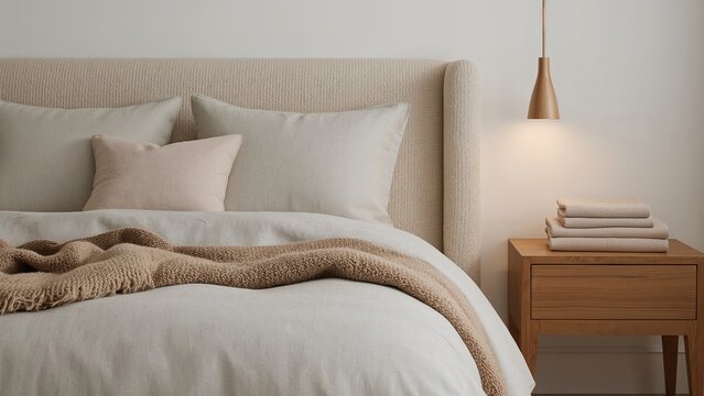 Serene bedroom interior featuring cozy bedding and modern wooden nightstand with stylish lighting enhancing relaxed ambiance
