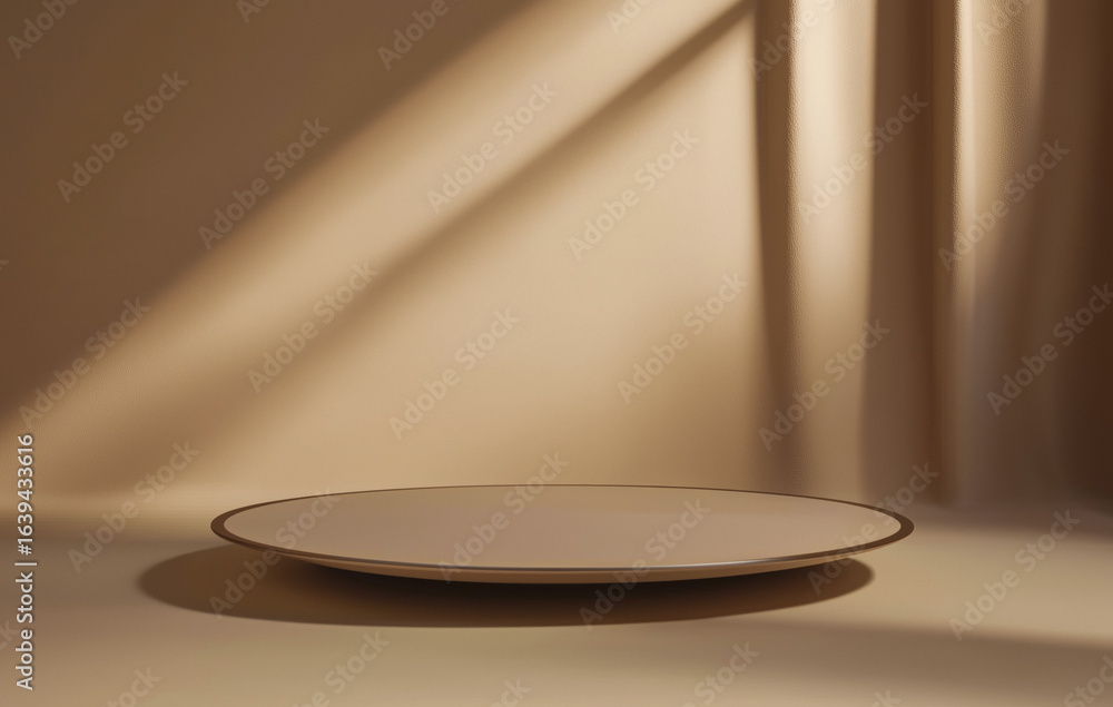 Poster simple beige podium for product display is set against warm, softly lit background, creating serene 
