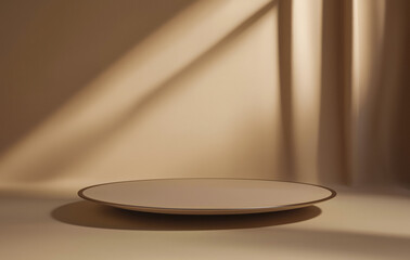 Simple beige podium for product display is set against warm, softly lit background, creating serene and elegant atmosphere. smooth surface and subtle shadows enhance minimalist design