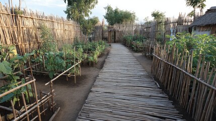 Fototapeta premium Serene Pathway Through Vibrant Vegetable Garden Surrounded by Rustic Bamboo Fencing Under Soft Sunlight