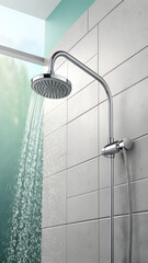 Chrome Showerhead with Water Streaming Down Against Teal Background