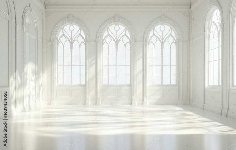 Poster bright, minimal white interior with large arched windows and intricate detailing creates elegant and