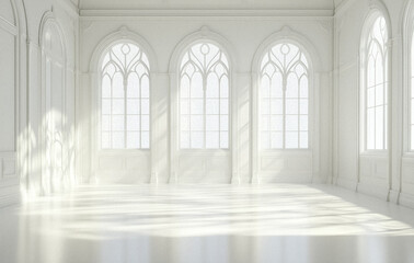 Bright, minimal white interior with large arched windows and intricate detailing creates elegant and serene atmosphere. Sunlight streams through, casting soft shadows on floor