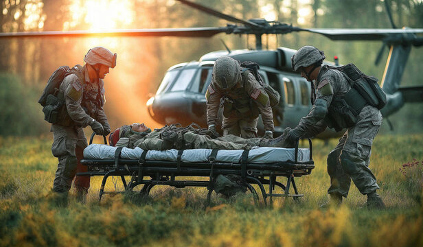 AI generator images of military medical unit, Group of Israeli elite unit combat soldiers carrying a wounded friend on a stretcher through a sandy terrain after a fierce battle against terrorists 