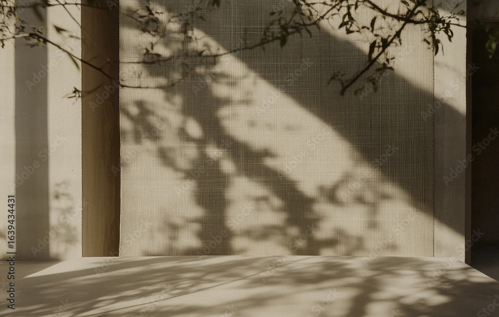 Poster shadows of tree branches create intricate pattern on textured beige wall, evoking serene and natural