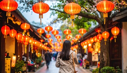 Naklejka premium Pedestrian pathway lined with traditional red lanterns.