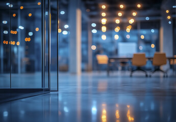 Modern office interior with blurred background features warm lighting and sleek furniture, creating professional and inviting atmosphere. glass walls add touch of elegance