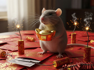 Festive zodiac rat celebrating the Lunar New Year with a gold ingot for prosperity