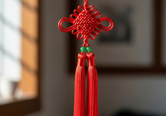 A vibrant red traditional Chinese knot with tassels, a symbol of good fortune and unity