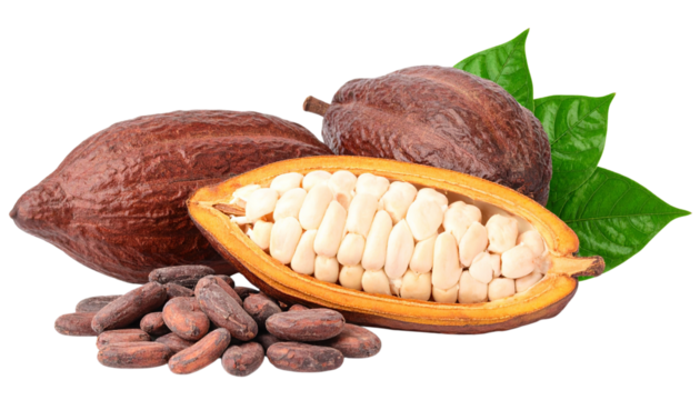 Two whole and single half cocoa pod with raw beans and leaves isolated on white background. Suitable for marketing or business purposes. PNG file