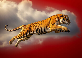A majestic tiger in mid-air, leaping with power against a surreal red sky