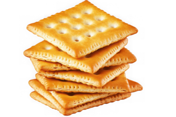 Stack of golden square crackers photography, delicious snack food, crispy biscuit, appetizing cracker isolated on transparent background