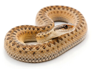Obraz premium Close up of a gopher snake coiled on a white background showing its patterned scales and head details