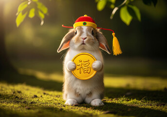 Cute rabbit in traditional Chinese hat holding a good fortune coin for Lunar New Year