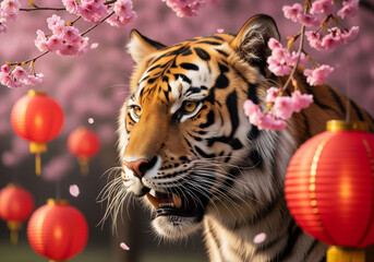 A majestic zodiac tiger under blooming cherry blossoms with festive red lanterns
