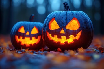 Fototapeta premium Creative Halloween pumpkin decorations glowing in twilight forest setting