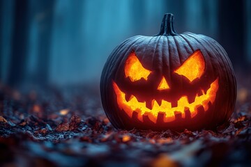 Spooky Halloween pumpkin glowing in the dark forest at night